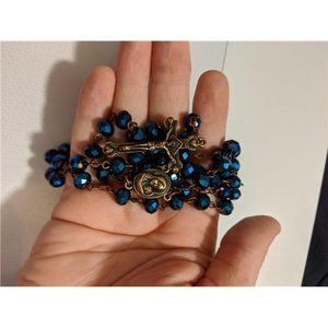 Antique Rosary Necklace, Blue Crystal Beads, Jerusalem Medal, Holy Soil Cross